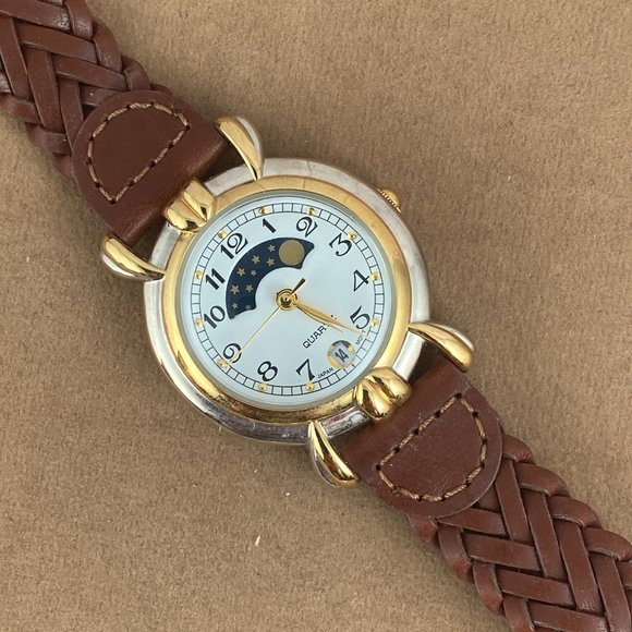 Vintage Avon 2 Tone Silver and Gold Tone Moon Phase Gold Tone Watch Brown Strap - Picture 1 of 7